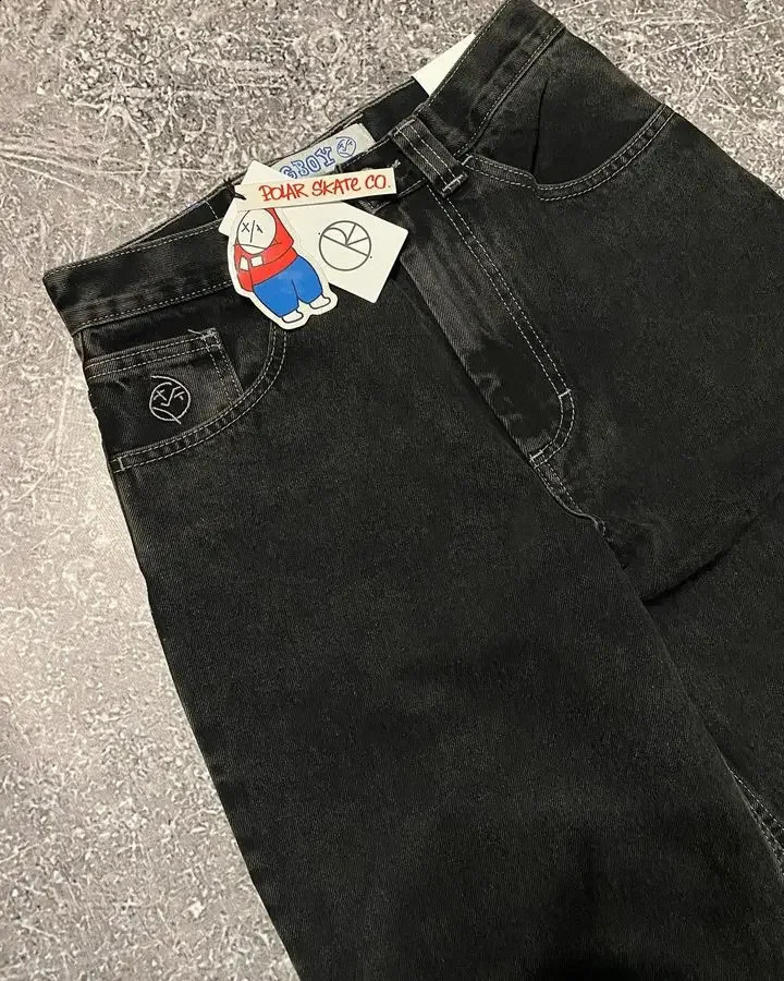 Harajuku Hip Hop Big Boy Jeans Y2K Cartoon Graphic Embroidery Baggy Black Pants Mens High Waist Wide Trousers 240828