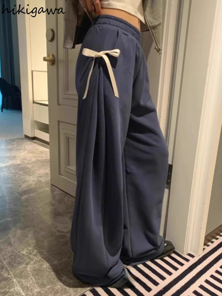 Casual Sweatpants for Women Korean Fashion Y2k Wide Leg Pants Elastic Waist Bandage Bow Joggers Casual Straight Pantalon Femme 240827