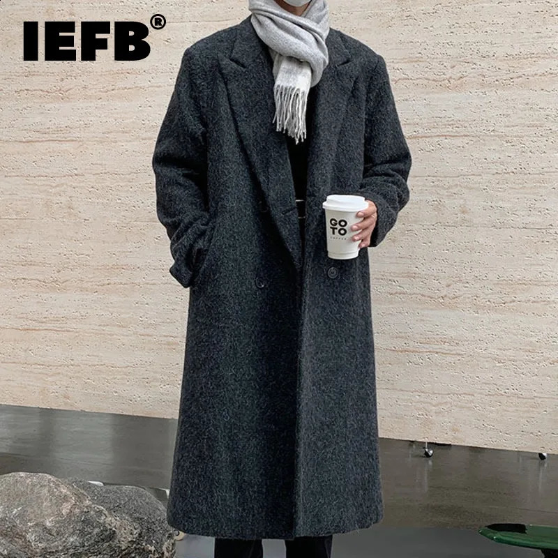 IEFB manteau décontracté en laine pour hommes, longueur aux genoux, couleur unie, ample, Style coréen, revers croisé, hiver 9C3749 240827