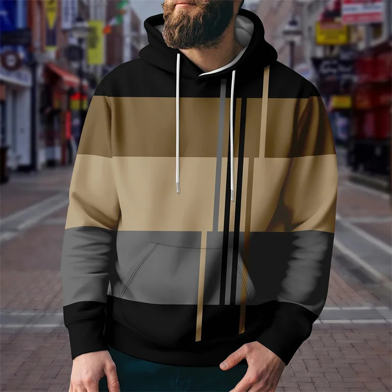 Spring mens fashion hoodie streetwear striped plain weave for boys hooded sweater daily casual long sleeved latte art 240828