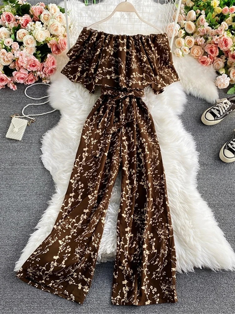 Summer Women Sexy Slash Neck Off Shoulder Jumpsuits Elegant Floral Printed Ruffle Wide Leg Romper Female Casual Clothes 240827