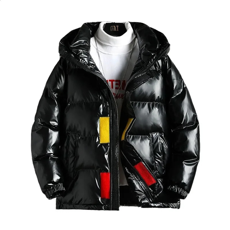 2023 Mens Winter Plus Size Trend Fashion Solid Color Versatile Short Down Cotton Coat Bright Hooded Warm 240828