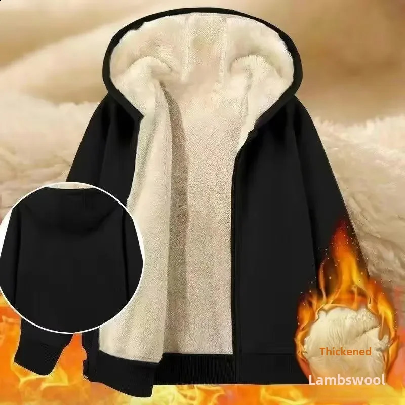 Mens warm and casual wool lining thick zipper open collar wool hooded sweatshirt solid color loose fit suitable for Japanese style 240828