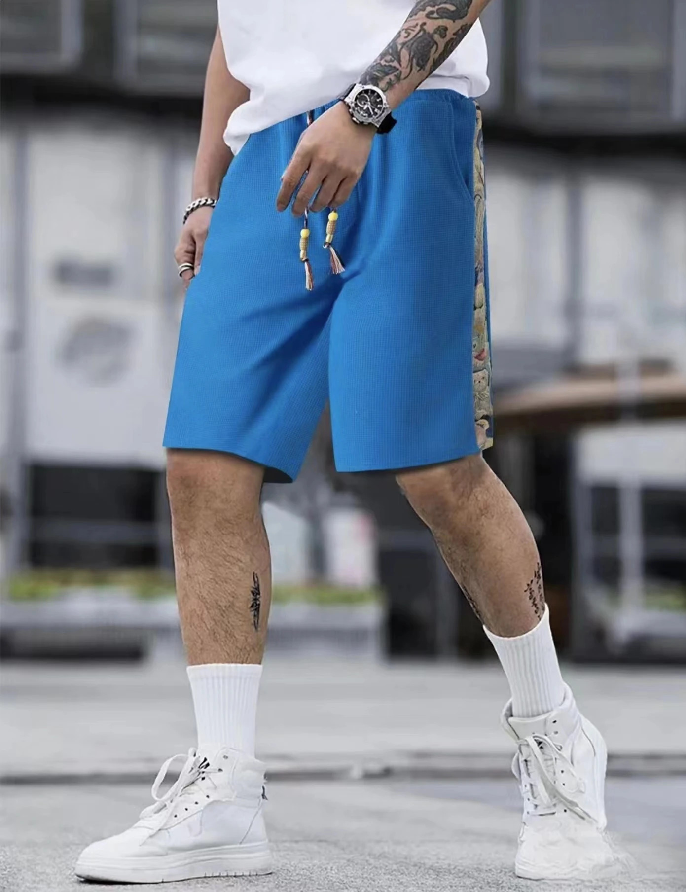 2024 Summer Loose Waffle Jacquard Color blocked Mens Fashion Casual Breathable Shorts 240826Z