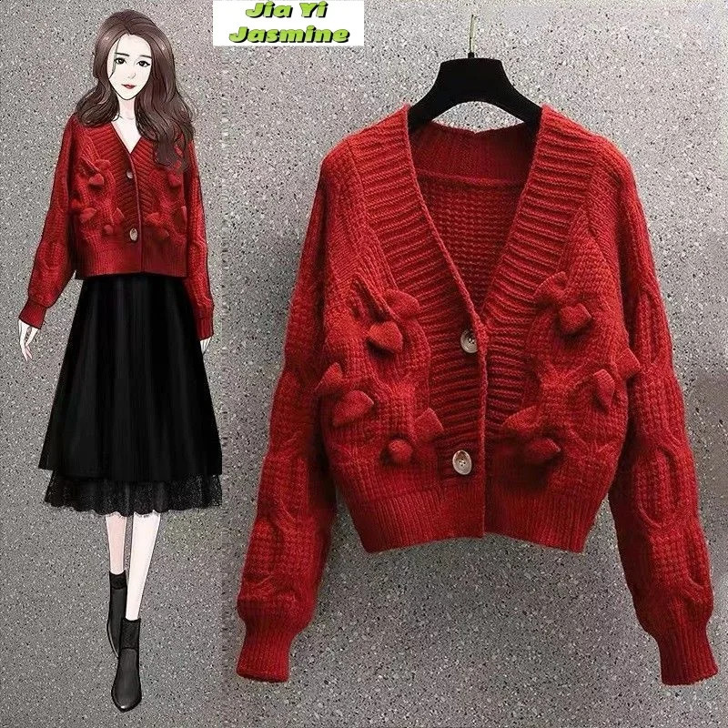 Womens Autumn and Winter Outerwear 2024 Retro Japanese Style Lazy Vneck Bow Loose Knit Cardigan 240827