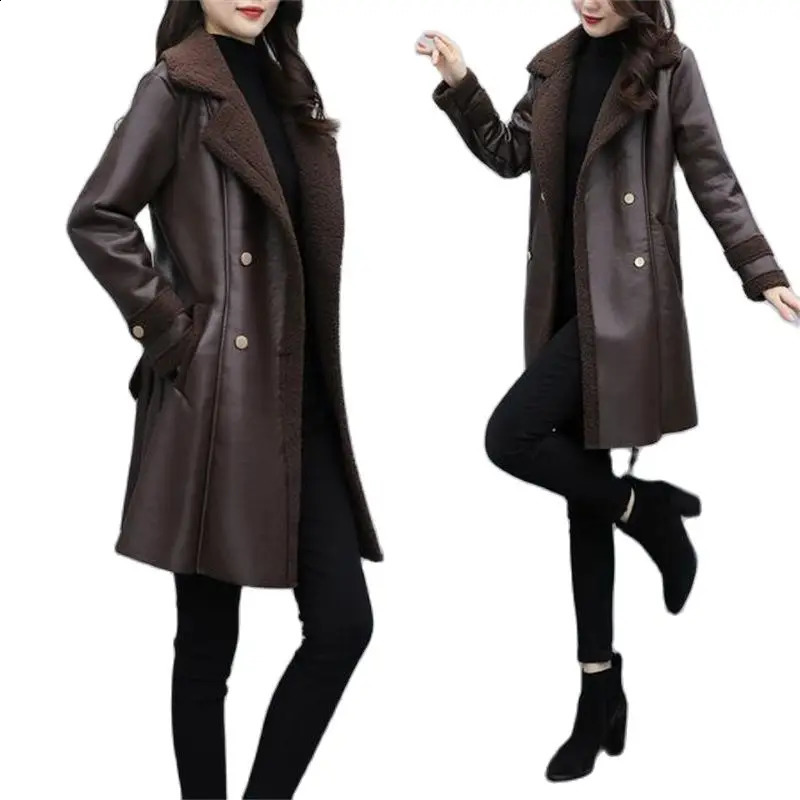 PU en cuir manteau moyen moyen Eleghant 5xl Vêtements pour femmes en hiver mm mm lâche coréen plus velours veste en cuir épais 240828