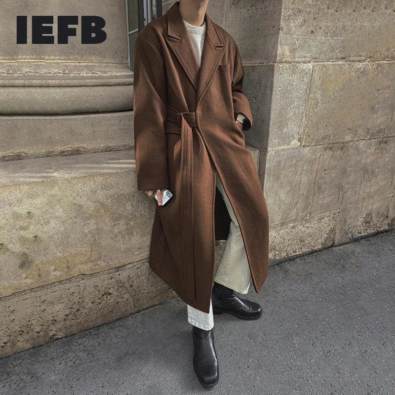 IEFB Mens Woolen And Mixtures Coat Autumn Winter Mid Long Thickened Korean Trend Loose Overcoat Male Bandage Waist 240827