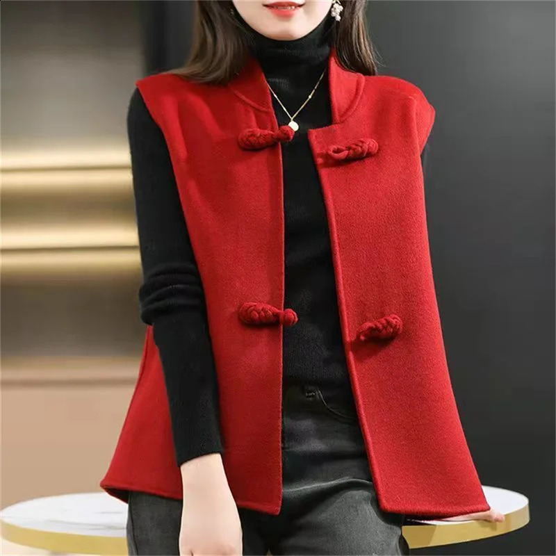 Womens autumn and winter style Chinese style wool fabric ultra-thin casual underwear wool vest short button jacket red 240827