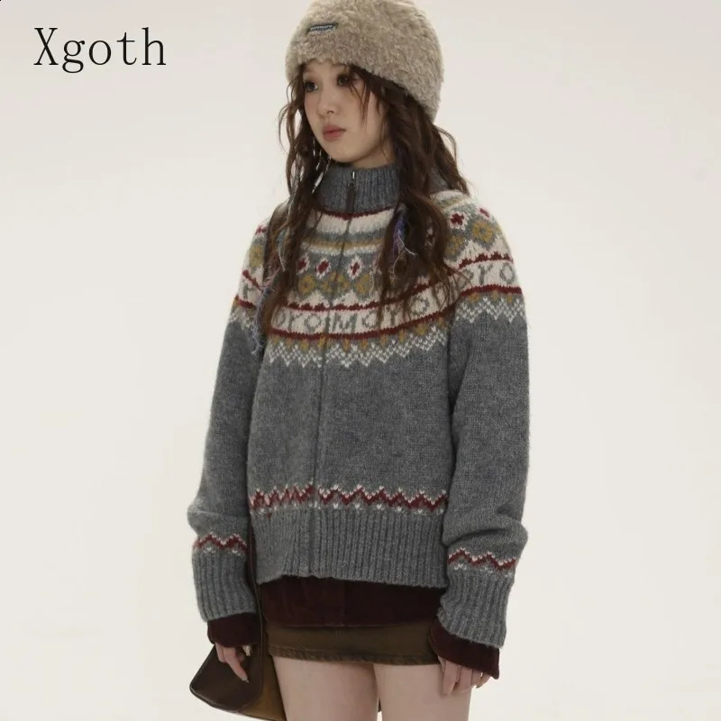 Xgoth Ins Casual Womens Sweaters Winter Retro Turtleneck Knitted Cardigans Japanese Style Loose Cardigan Trendy Tops 240827