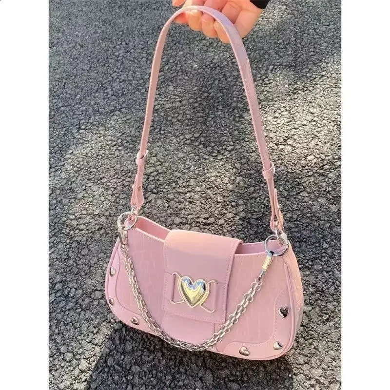 Grils Y2k Handbag Women Vintage Sweet Cool Heart Chain Pink Underarm Bag Female Fairycore Aesthetic Shoulder Bag 240827