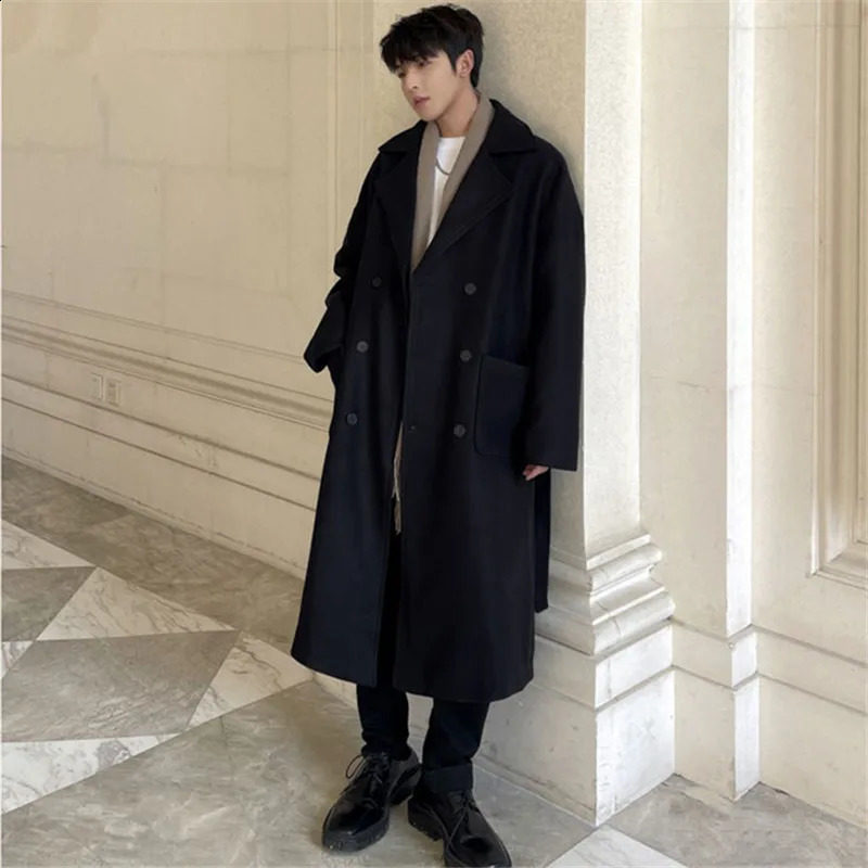 Autumn Winter Mens Clothing Woolen Coat Solid Color Korean Medium Long Trench Coat Lapel Double Breasted Loose Top A017 240827