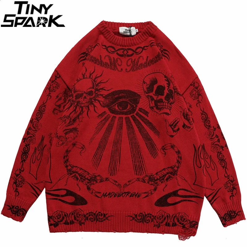 Hip Hop Knitted Sweater Streetwear Rose Eye Scorpion Print Ripped Pullover Men Harajuku Cotton Casual Autumn Sweater Skull 240828