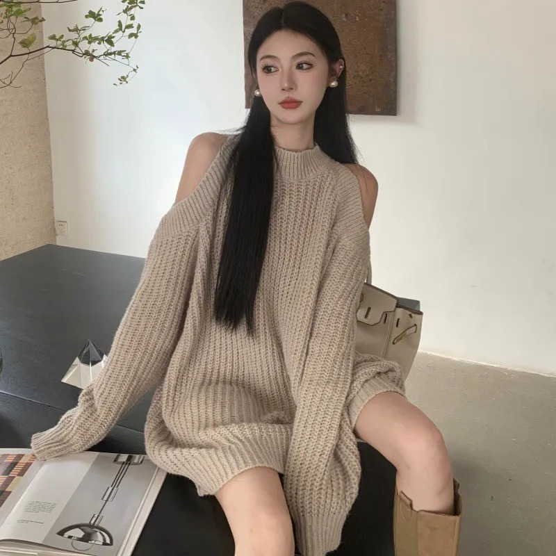 Robe en laine creux automne / hiver 2024 Épaule de style Sweater en tricot lâche 240827