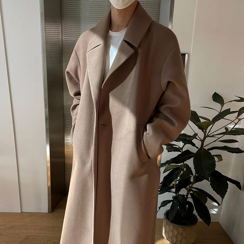 Elegant Mens Woolen Fashion Overcoat Casual Gentleman Autumn Winter Trendy Korean Long Coat Windbreaker 9D1664 240827