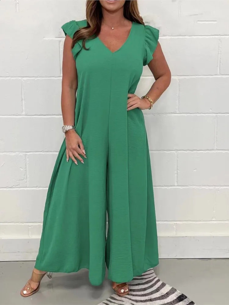 Ruffled wide leg mens solid casual womens jumpsuit elegant workwear summer sleeveless V-neck loose womens jumpsuit 240827