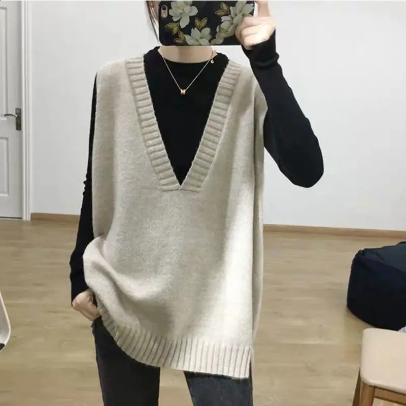 Autumn Korean Edition Simple Casual Loose Sweater Paradigm Knitted Deep V-neck Sleeveless Wild Womens Tank Top 240827