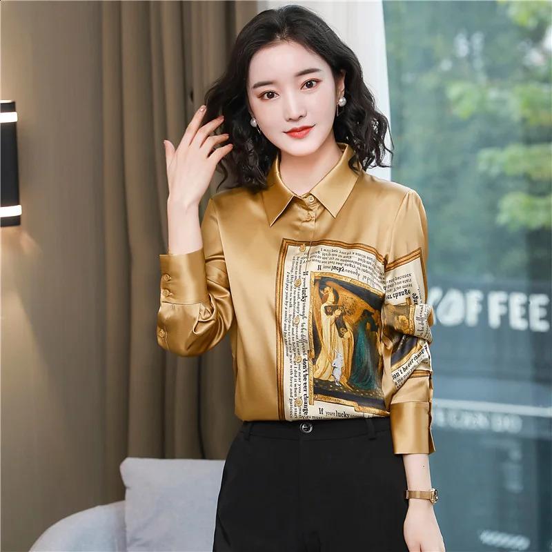 Early autumn womens shirt retro fashion printed top for office ladies elegant and chic casual full matching top 240828