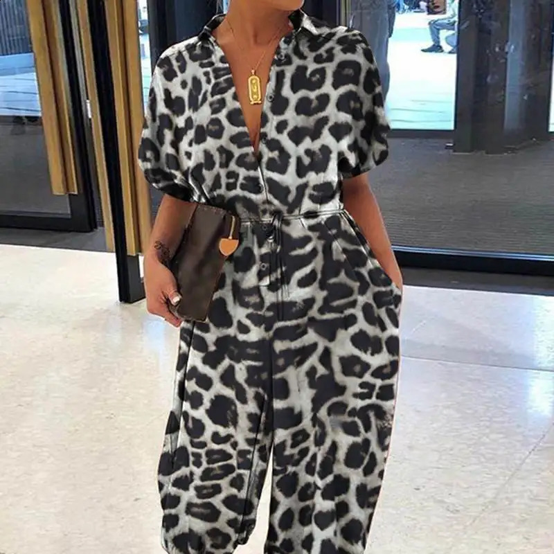 Womens long sleeved jumpsuit leopard print jumpsuit womens retro short sleeved button casual loose pants jumpsuit 240827