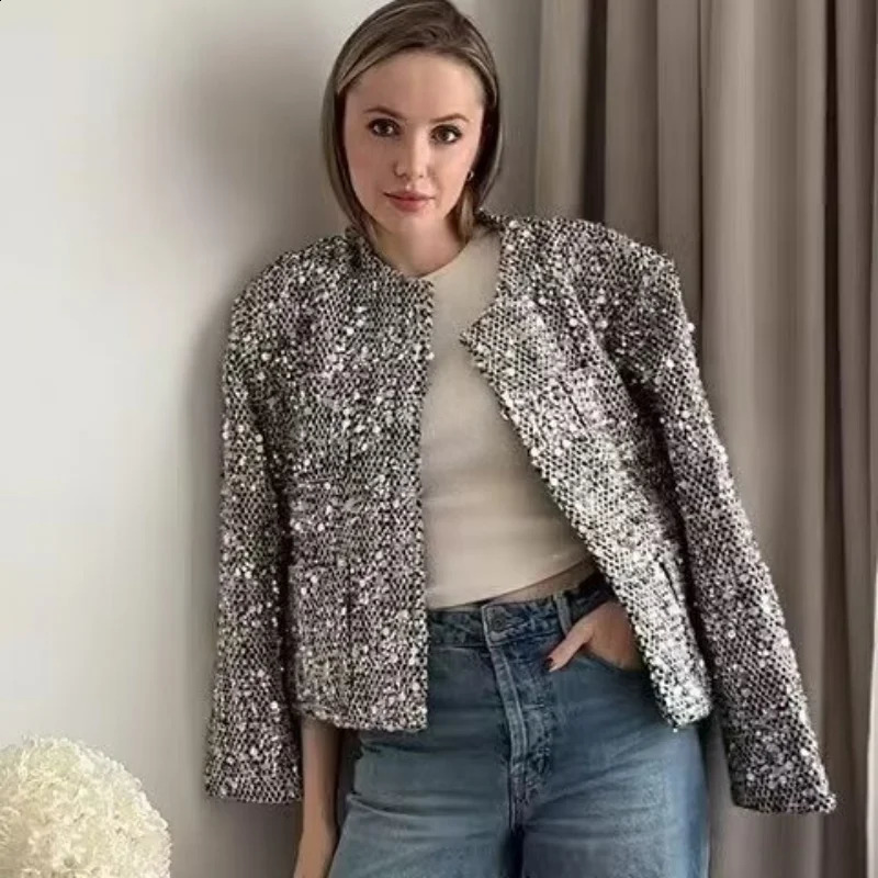 Femmes Arrivée d'automne Round Coul Couleur solide Décoré Tweed Sequin Blazer 240828