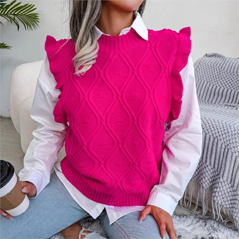 autumn and winter mushroom diamond knitted sweater vest round neck sleeveless solid color Versatile womens clothing Y2k 240827