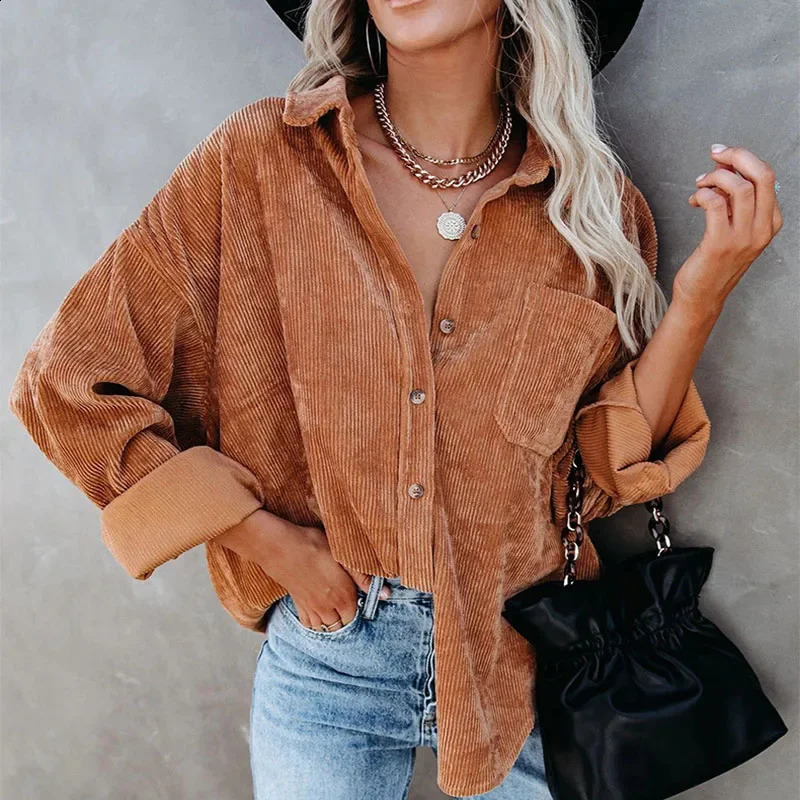 Womens Corduroy Shirt Solid Color Autumn Winter Collar Shirt Long Sleeve Button Top Womens Casual Loose Shirt 240828