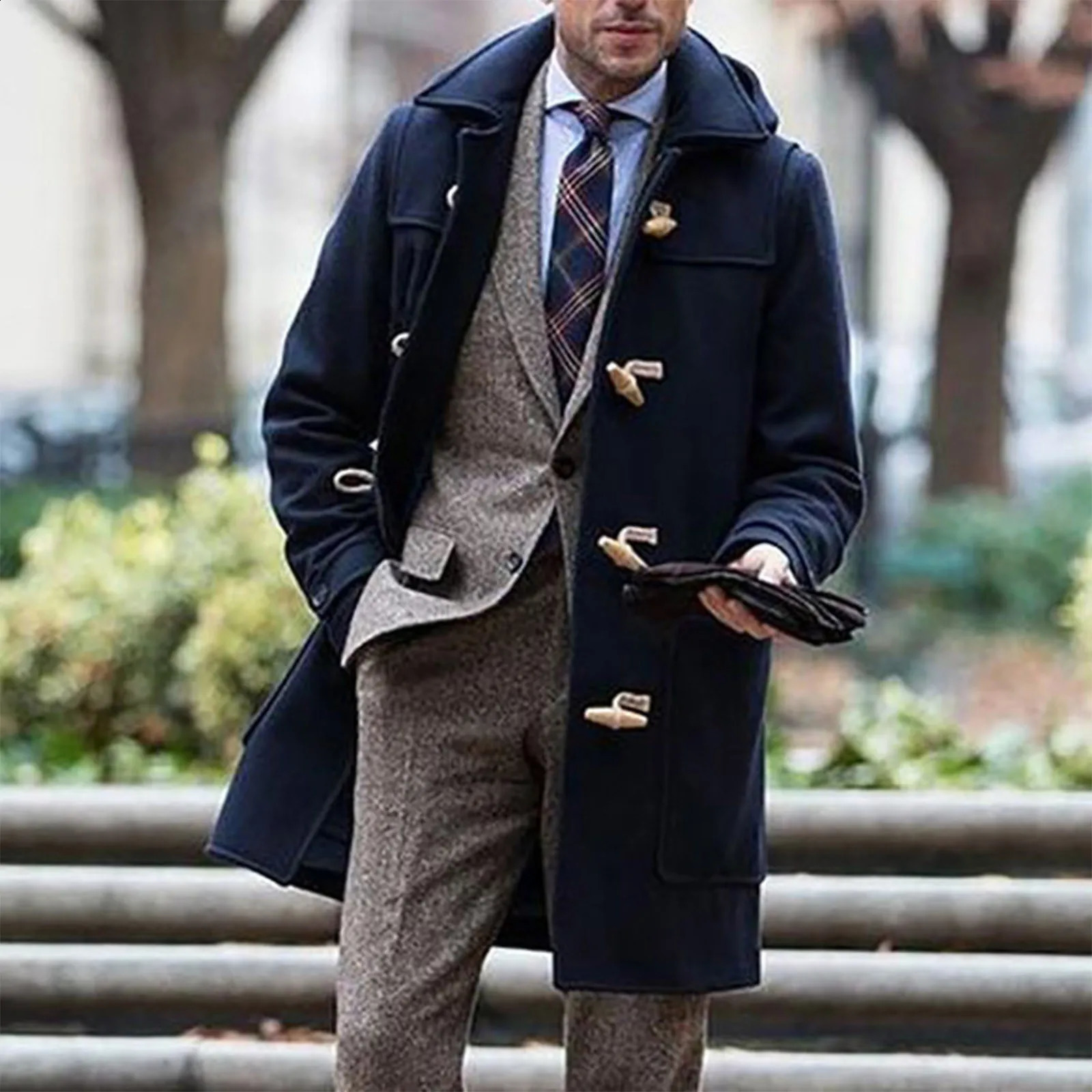 Men Windbreaker Coats Horn Button Solid Color Lapel Slim Mid-length Overcoat Autumn Winter Warm Trench Jackets For Men 240828
