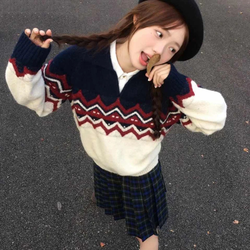 Deeptown Vintage Sweater Women Preppy Style Kawaii Knit Pullovers Japanese Patchwork Autumn Winter Retro Casual Sweaters 240827