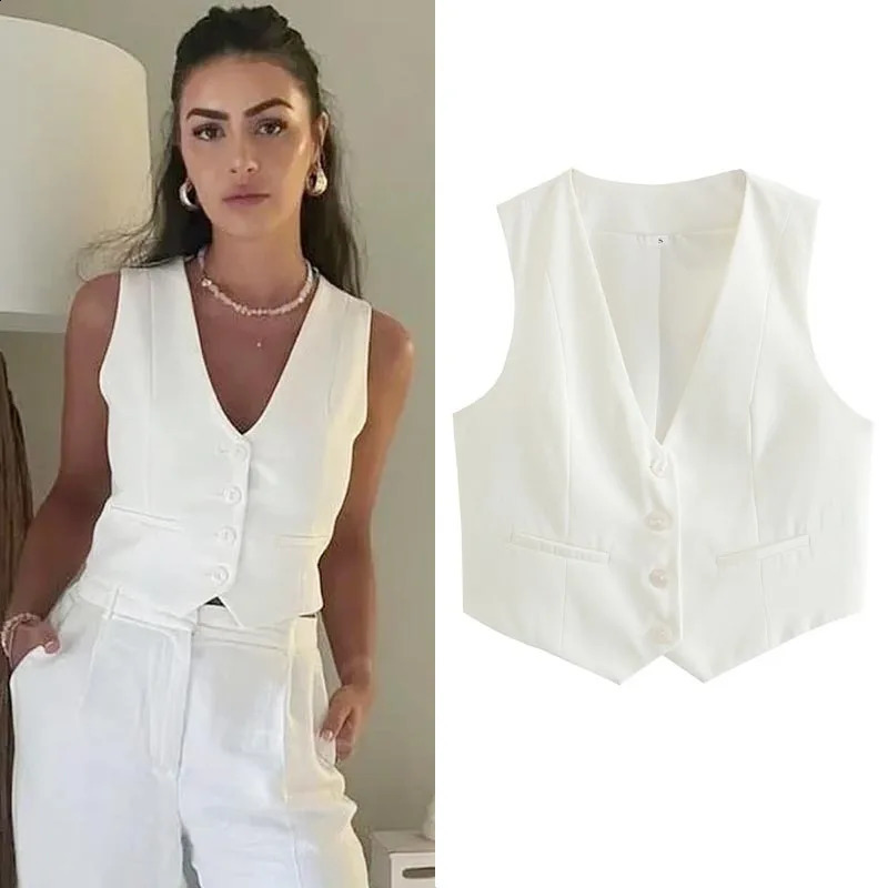 HXAO Cropped Womens V-neck Sleeveless Tank Top Fashion White Black Single Chest Tank Top Fashion Elegant Womens Tank Top 240827