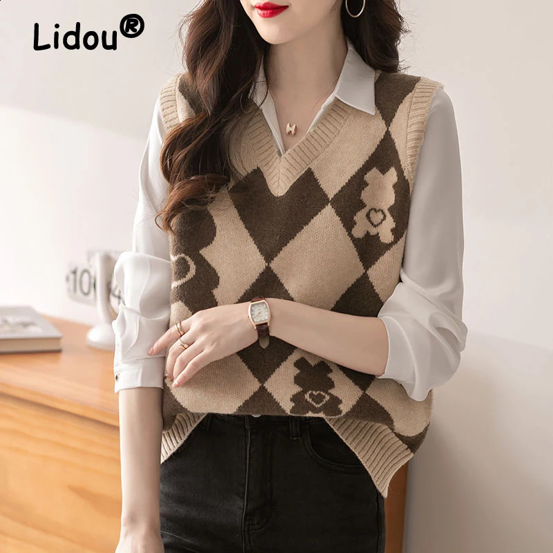 Womens Retro Argyle Simple V-neck Sleeveless Jacket Knitted Sweater Vest Autumn/Winter Womens Casual Loose Floral Tank Top 240827