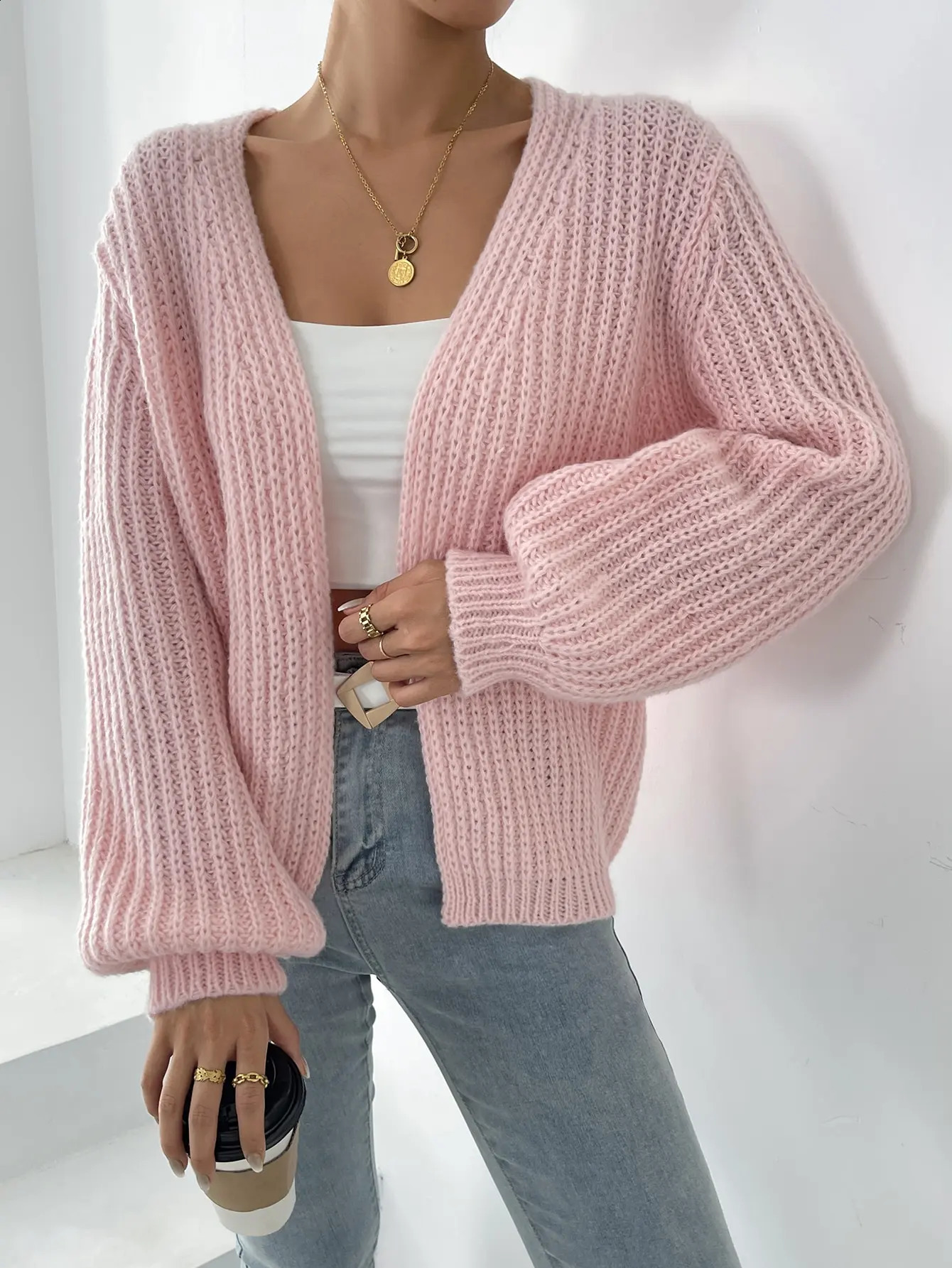 Automne Fashion Fashion Femmes Tricot en tricot en tricot Rose Lanterne Couche de couleur Solide de vêtements d'extérieur décontractés Coucheur 2