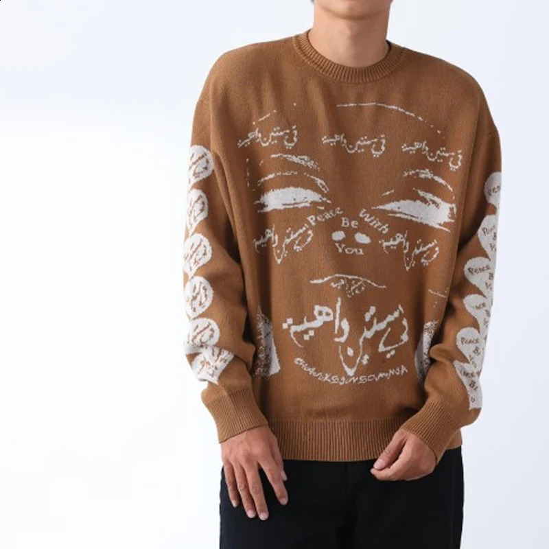Vendre un pull tricoté anime pour l'hiver décontracté en vrac hommes et femmes mode hiphop streetwear harajuku brun y2k 240827
