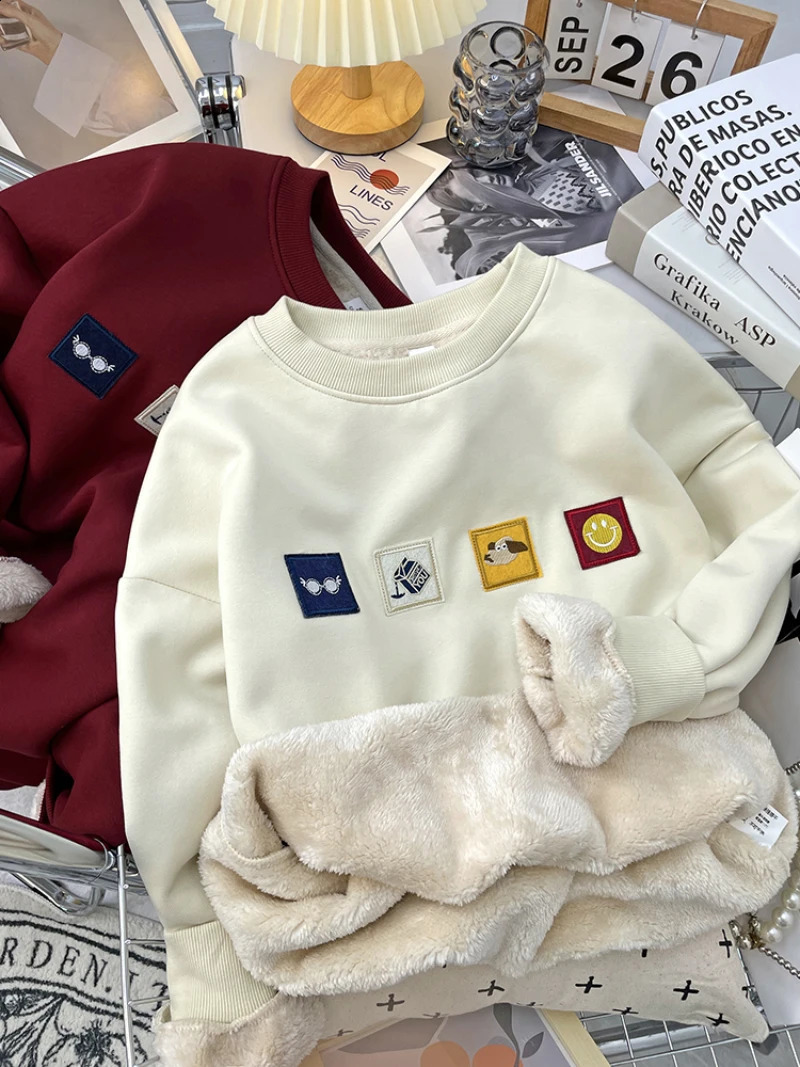 Bomon Lamb wool hoodie female autumn and winter Korean version of student loose warm round neck pullover long sleeve top 240827