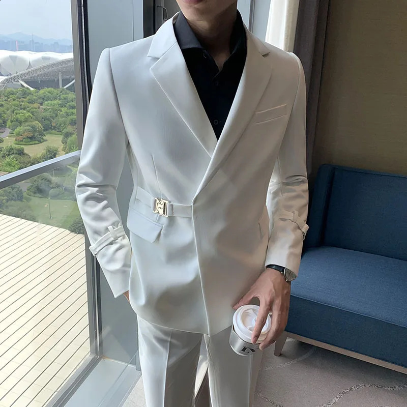 Mens suit with decoration business and leisure two-piece suit jacket and pants fashionable slim fit solid color 240828