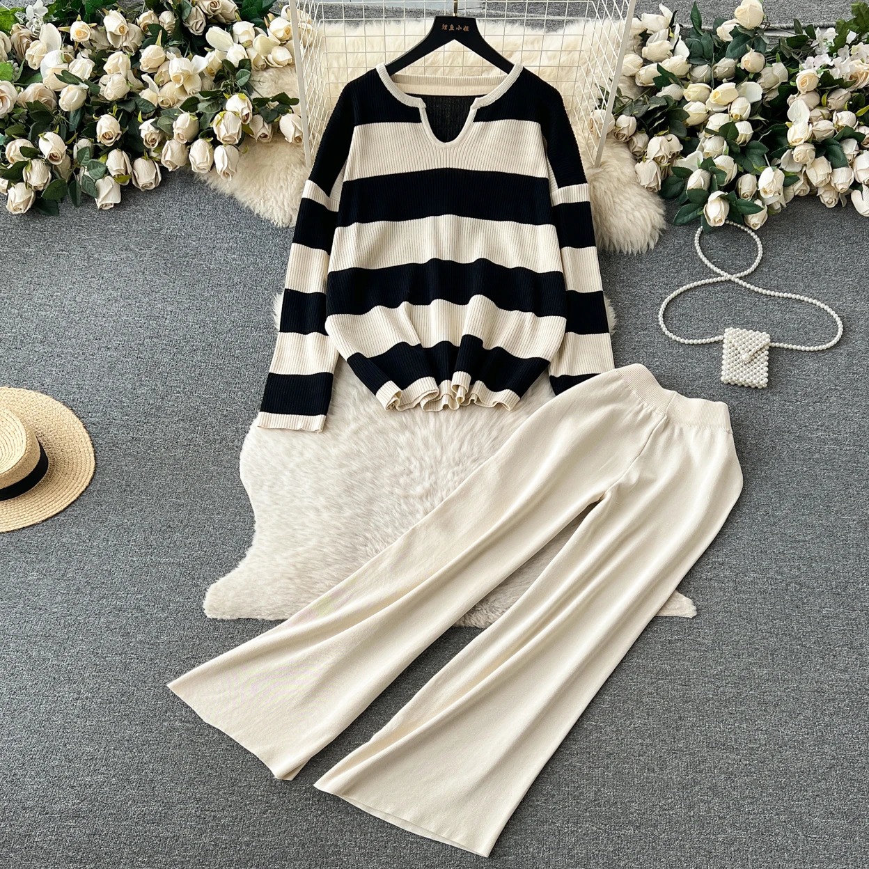 Women Sweater Pant Set Casual Pullovers Suits Autumn Winter Knitted Loose Long Sleeve Elegance Striped Tops Elastic Sweaterpants 240828