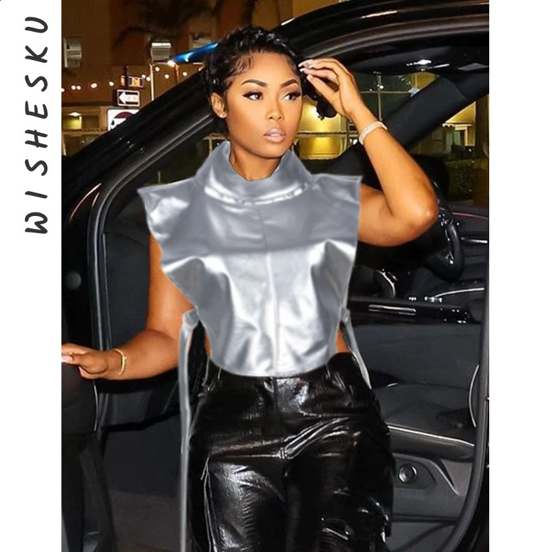 Metal silver sleeveless jacket for women sexy buckle tie Y2K clothing Safari Stand collar crop top casual street 240827