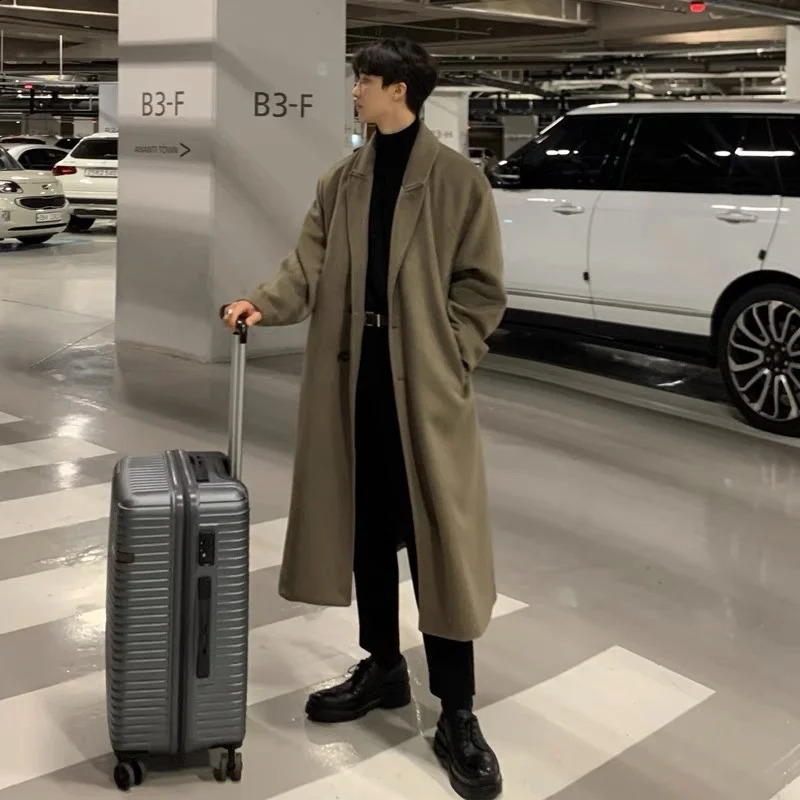 Winter Thick Woolen Coat Men Warm Fashion Casual Oversized Long Woolen Coat Men Korean Loose Belt Trench Coat Mens Overcoat 240827