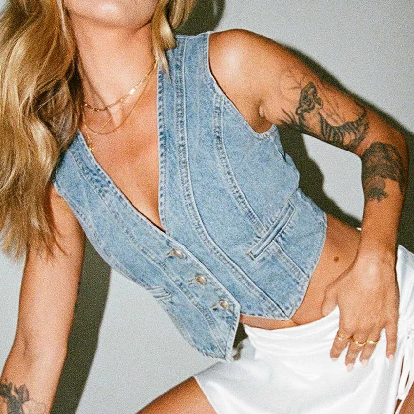 Gaonuo womens summer jeans vest top sleeveless V-neck button hem chic basic denim crop top y2k streetwear 240827