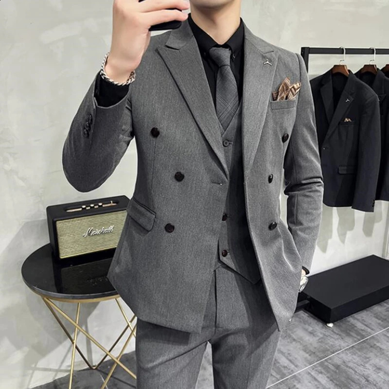 Fashionable mens casual boutique business solid color ultra-thin wedding dress/mens striped 3-piece jacket pants vest 240828