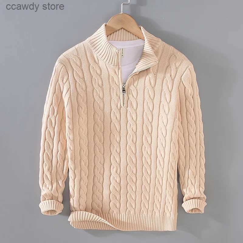 Men's Sweaters Autumn and winter new mens floral sweater stand up collar half zipper cotton thick knit solid color high stripe clothing H240
