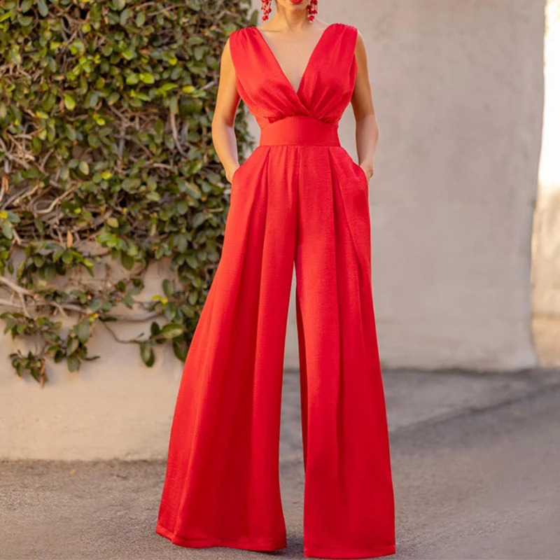 Womens V-neck sleeveless high waisted jumpsuit wide leg pants elegant womens casual wear 240827