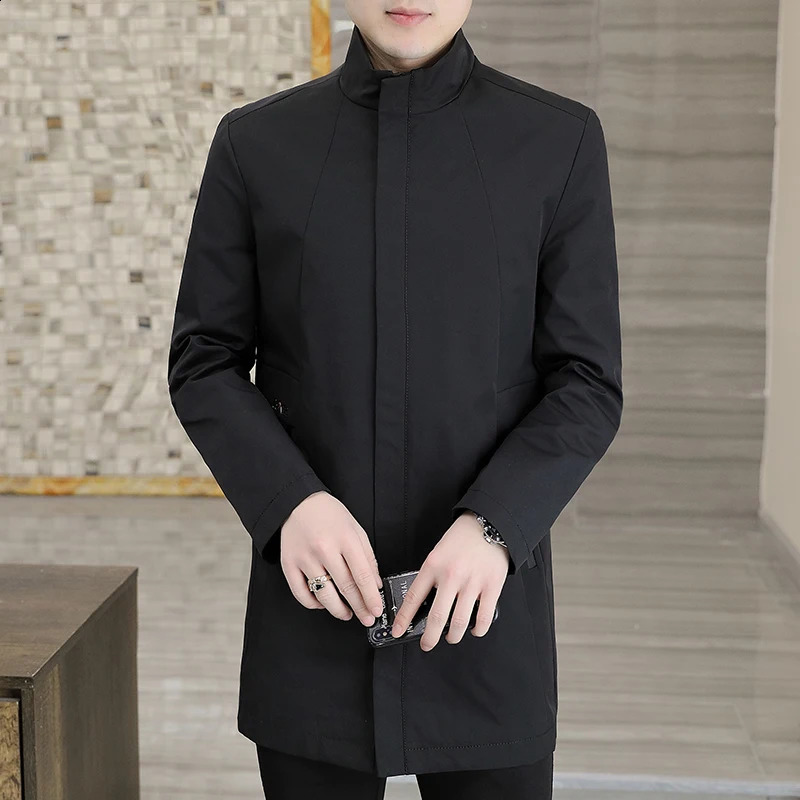 The Main Spring and Autumn Jacket for Young Men Leisure Large Size Standing Collar Medium Long Mens Solid Color Coat 240828