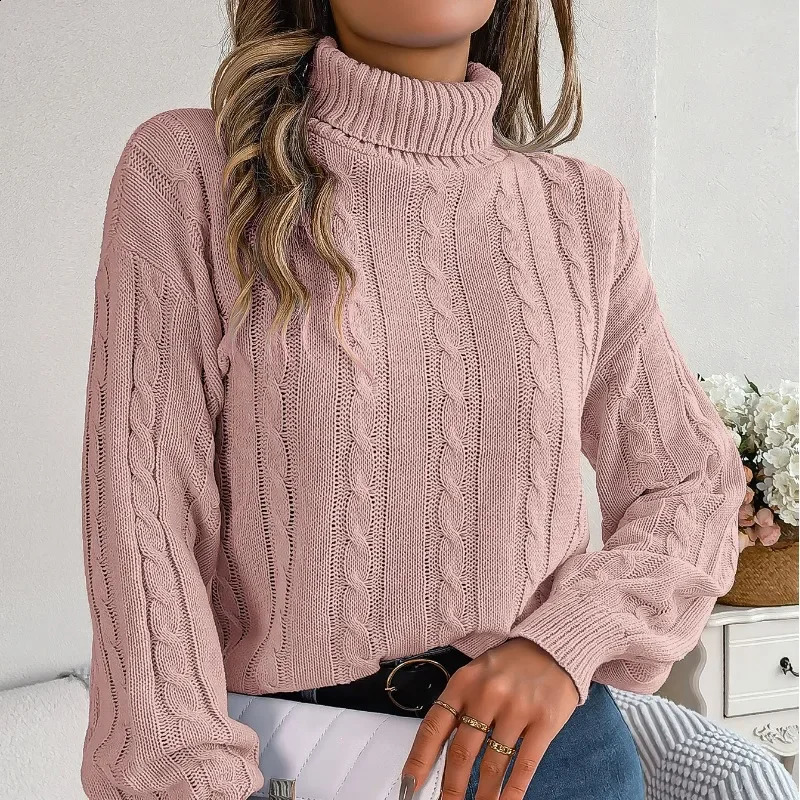 Autumn and winter womens floral high neck long sleeved solid fried dough twisted striped hollow fashionable casual sweater top 240827