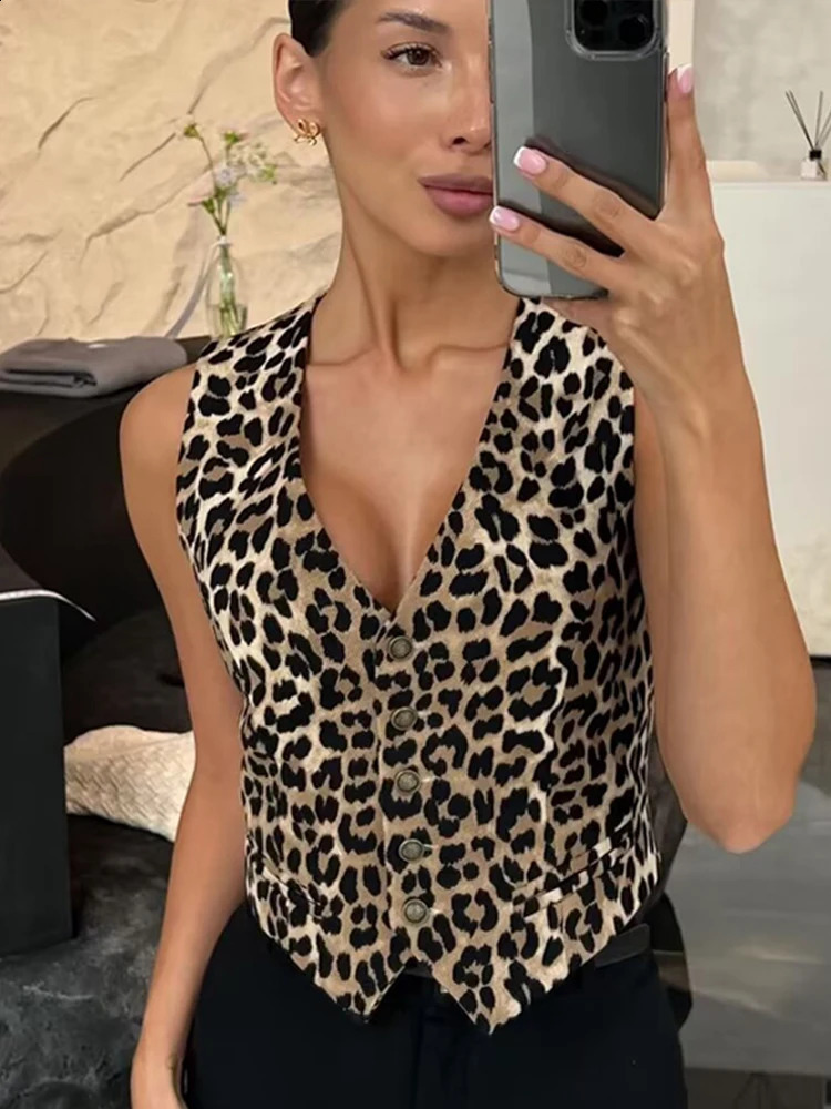 Leopard Print womens retro V-neck single chest sleeveless short sleeved vest fashionable street womens casual jacket 240827