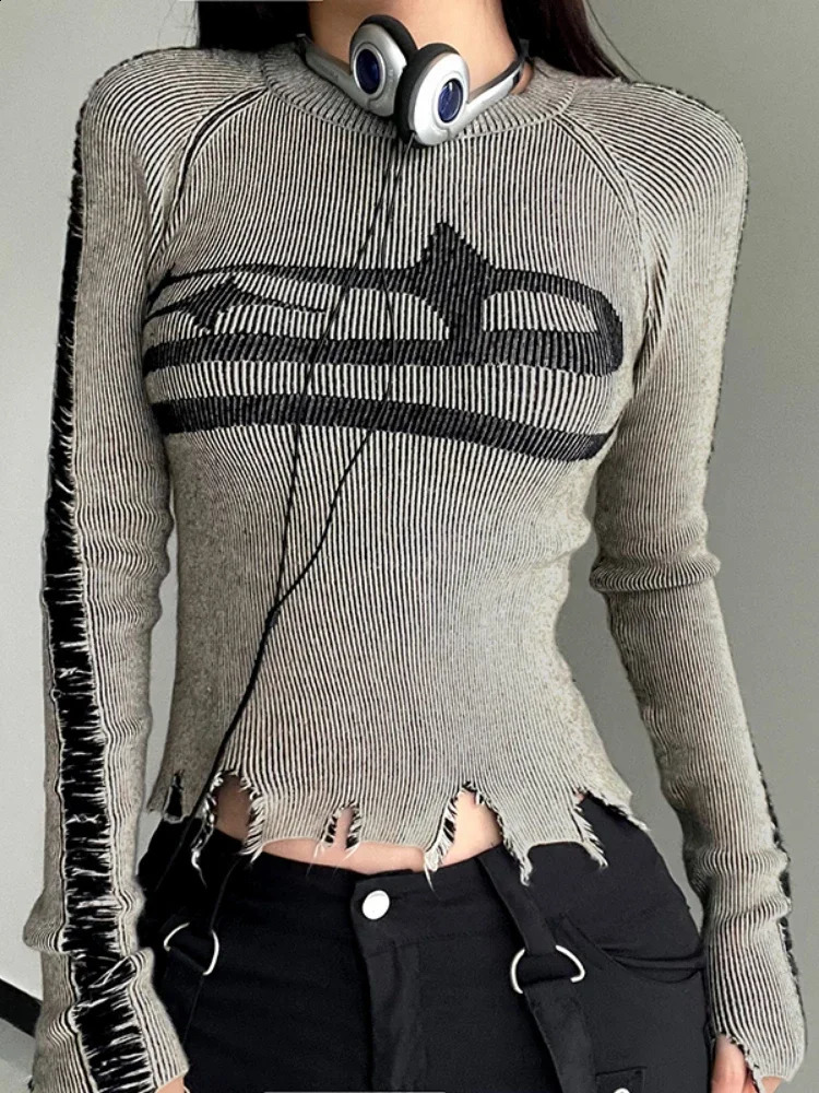 Harajuku Patchwork Print Long Sleeve Jumpers Ripped Vintage Sweater for Women Autumn Winter Basic Pullovers Street Style 240828