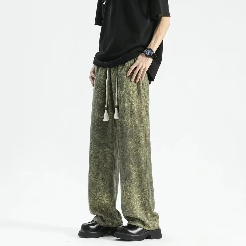Goth Tie-dye Corduroy Pants Mens Autumn Baggy Wide-leg Straight Casual Trousers Women Drawstring Hip Hop Y2K Sweatpants 240828