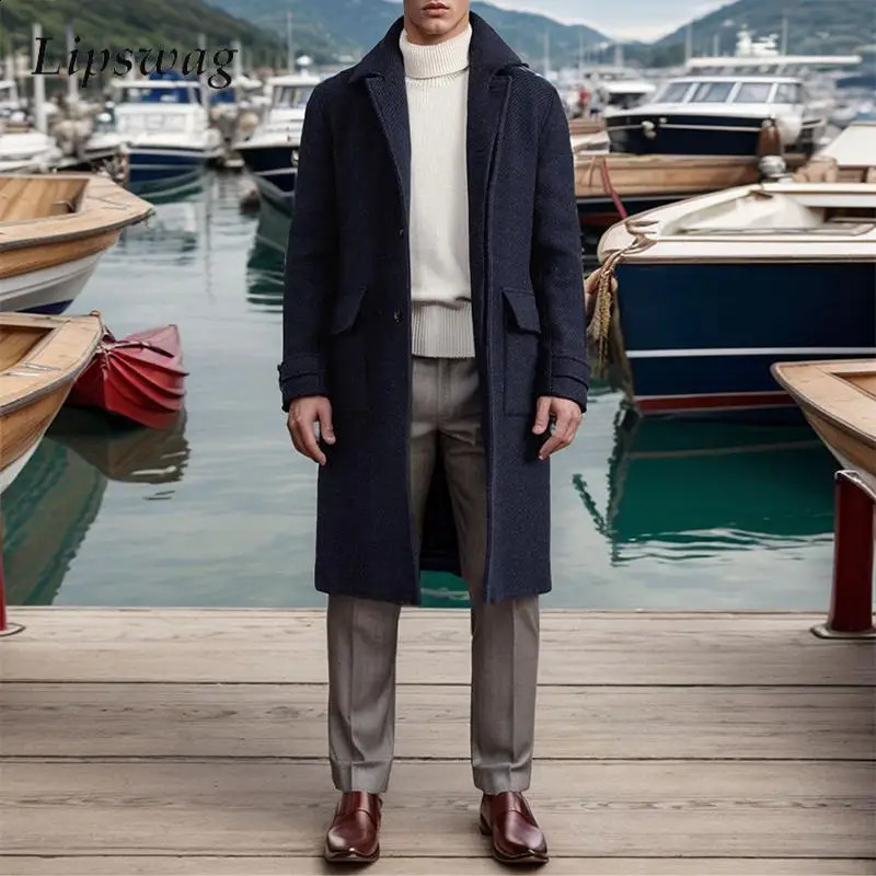 Vintage Woolen Windbreaker Mens Trench Coats Fall Winter Outdoor Fashion Lapel Buttoned Belt Mid Jackets Men Casual Outerwear 240827