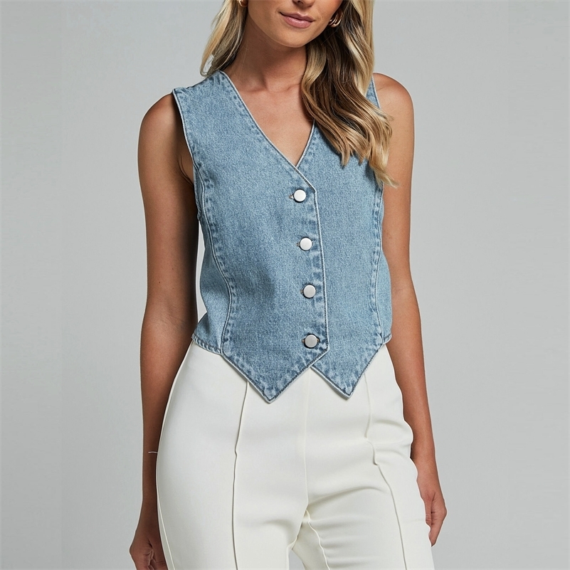 Fashion streetwear womens retro denim vest V-neck button retro denim vest 240827