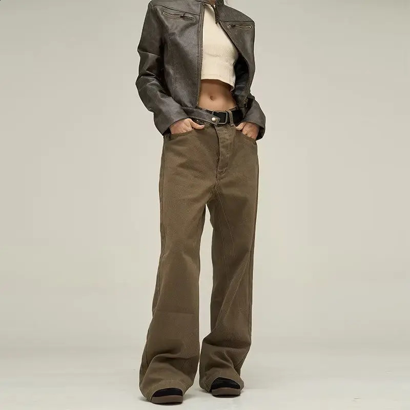 Deeptown Y2k Vintage Straight Jeans Spring Women Loose Denim Pants Korean Style Streetwear Harajuku Grunge Brown Trousers 240827