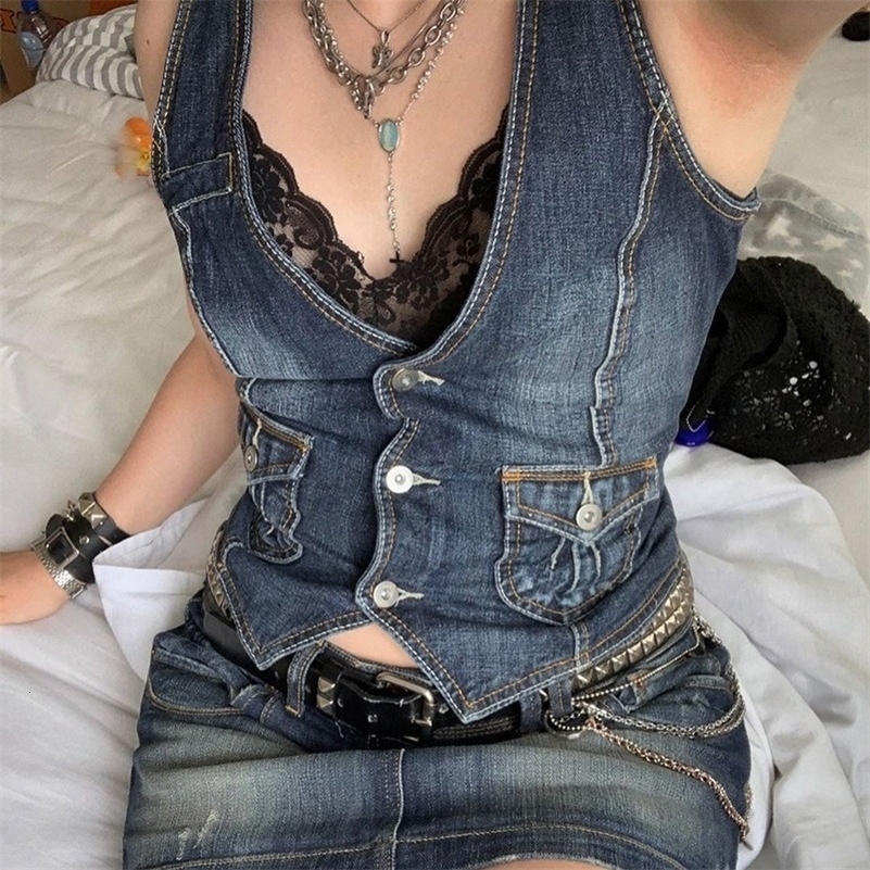 Y2K denim vest fairy garbage sleeveless denim jacket corset top button V-neck retro streetwear womens fashion tank top 240827