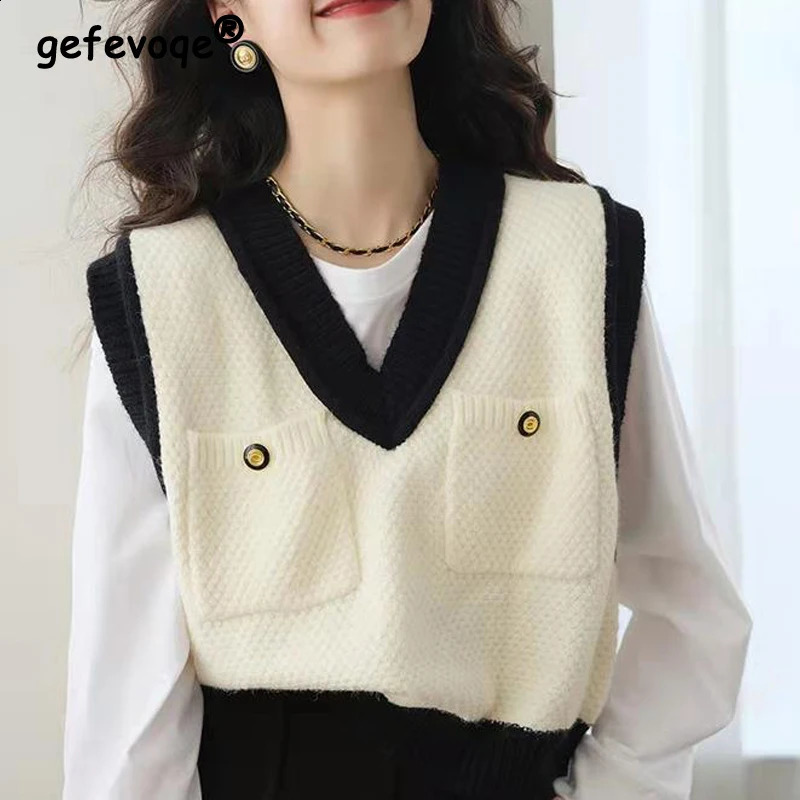 Womens fashionable contrasting color chic knitted sweater vest Y2K womens casual V-neck sleeveless loose jacket 240827